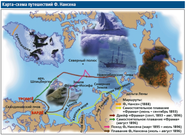 Карта-схема путешествий Ф. Нансена Карта-схема путешествий Ф. Нансена